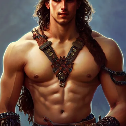 Prompt: portrait of a youthful male barbarian, handsome, toned, D&D, muscular, fantasy, intricate, elegant, highly detailed, digital painting, artstation, concept art, smooth, sharp focus, illustration, art by artgerm and greg rutkowski and alphonse mucha