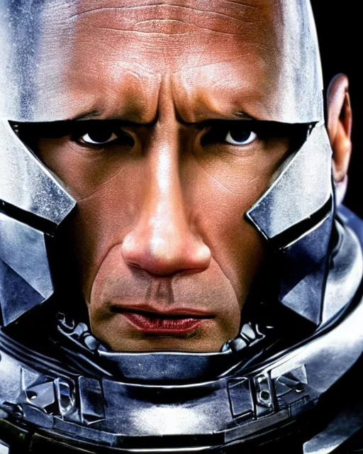 Image similar to film still close - up shot of dwayne johnson as robocop from the movie robocop. photographic, photography