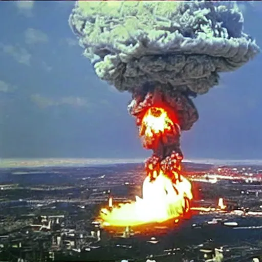 Prompt: nuclear explosion, mushroom cloud, 2 4 0 p full color grainy footage, 2 0 0 6 youtube video, shockwave destroyed buildings, helicopter footage over city, fleeing crowds of people — ar 4 : 3