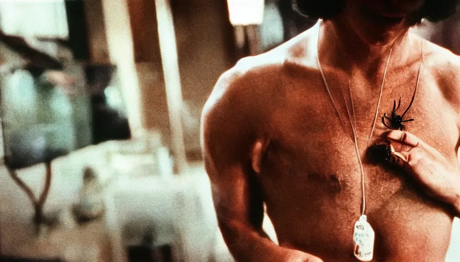 Prompt: 7 0 s movie still of a man with spider in chest, cinestill 8 0 0 t 3 5 mm eastmancolor, heavy grain, high quality, high detail