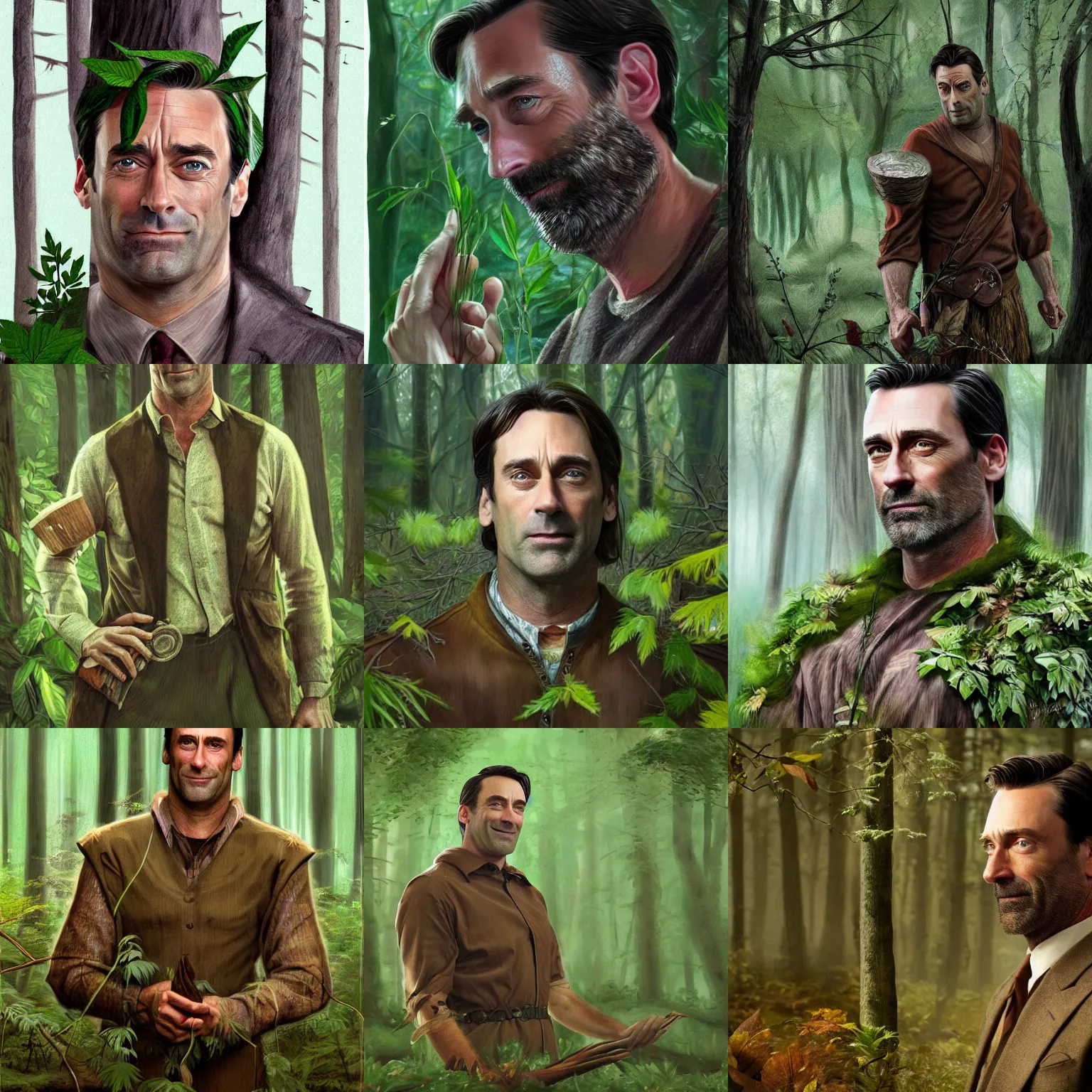 Prompt: Jon Hamm as a wood elf in a forest surrounded by leaves, grass, branches, trees, photorealism, fantasy portrait, concept art,