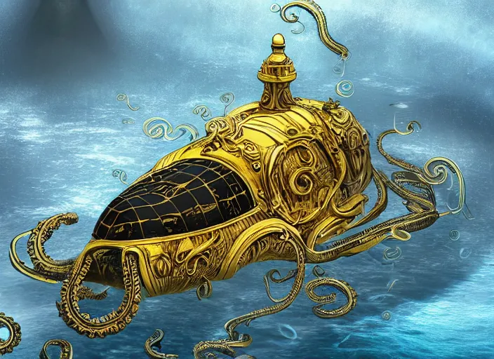 Image similar to under water ocean view of an ornately designed black and gold submarine with gold port hole windows, with a kraken attacking tentacles wrapped around it photo realistic 4 k highly detailed by android jones