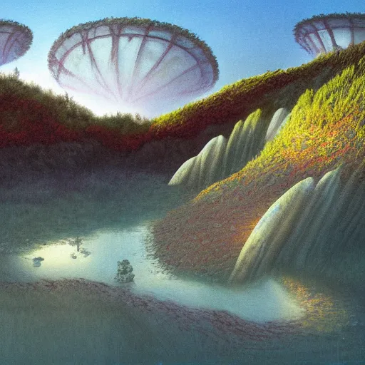 Image similar to artistic digital artwork of a lush natural scene on an alien planet. beautiful landscape by lurid ( 2 0 2 2 ), michael whelan, remedios varo, gerardo dottori. weird vegetation. cliffs and water. grainy and rough. interesting pastel colour palette. beautiful light. oil and water colour based on high quality render.