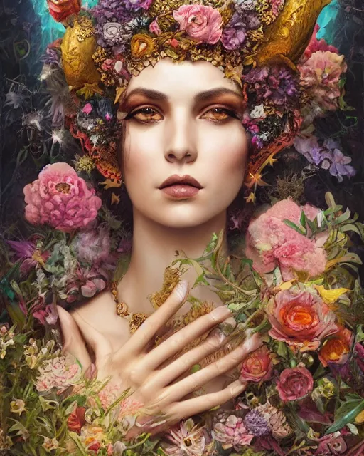 Image similar to portrait of the arabic queen of the underworld, surrounded by flowers by karol bak, james jean, tom bagshaw, rococo, sharp focus, trending on artstation, cinematic lighting, hyper realism, octane render, 8 k, hyper detailed.