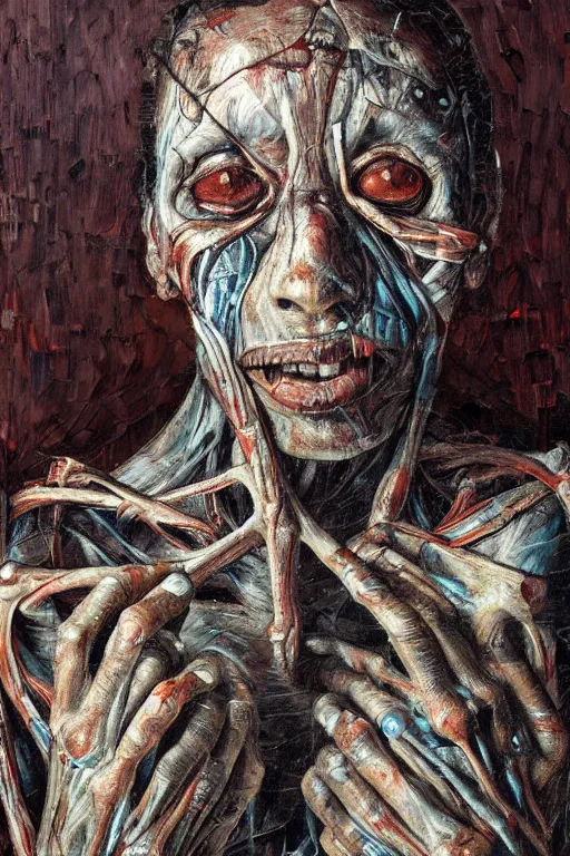 Prompt: highly detailed and textured palette knife painting, deformed anatomical portrait, emotional, dark sky, horror, in the style of Ernie Barnes and Jenny Saville, cgsociety, in a landscape of bones