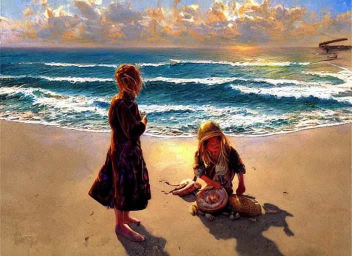 Image similar to she sells sea shells by the sea shore; painting by Jon foster.