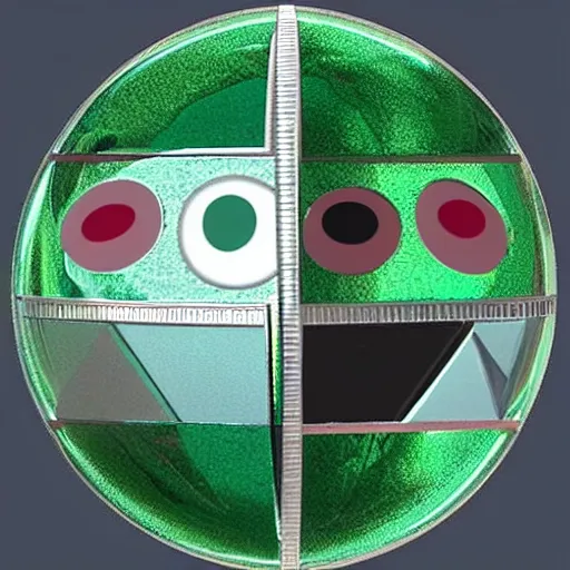 Prompt: a round shiny metal sphere with two triangular green eyes in it