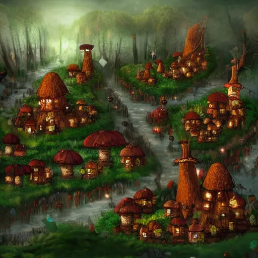 Prompt: fungus forest village, trending on artstation