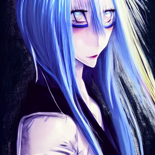 Image similar to full face shot of rimuru tempest, sky blue straight hair, long bangs, amber eyes, wearing a fancy black jacket, high collar, ultra detailed, brush strokes, digital painting, cinematic, wlop artstation, closeup, pixiv, eerie, scary, intimidating, evil, yoshitaka amano, junji ito,