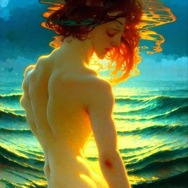 Image similar to ocean waves of glossy liquid honey drops flowing like translucent amber, lsd waves, lsd ripples, backlit, sunset, refracted lighting, art by collier, albert aublet, krenz cushart, artem demura, alphonse mucha