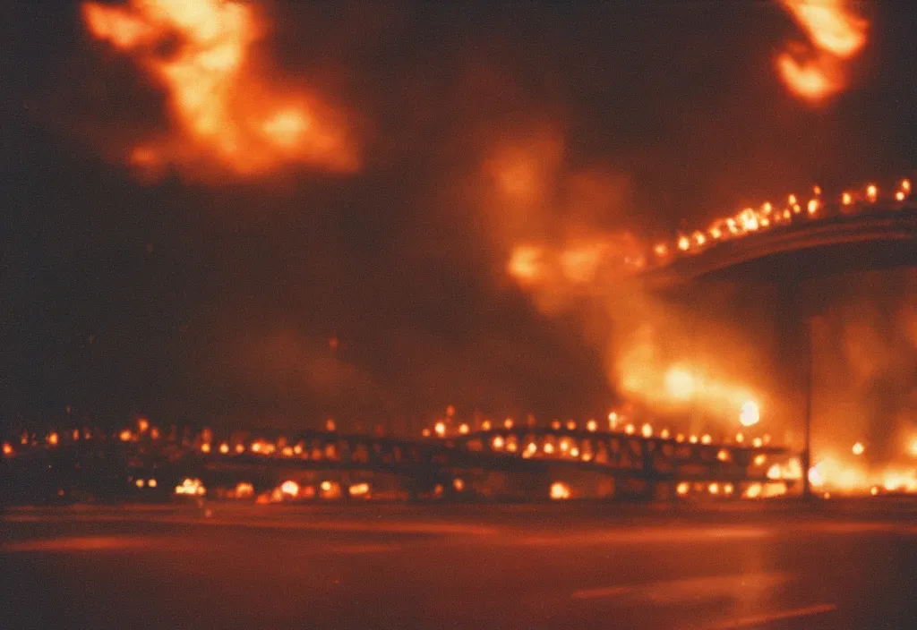 Prompt: lomo photo of a large burning bridge, cinestill, bokeh, out of focus, night, dramatic lighting