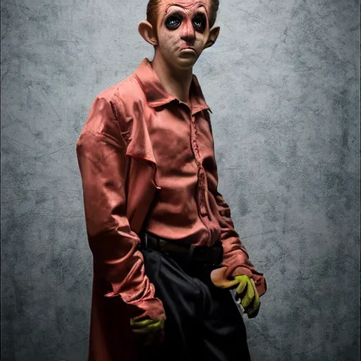 Image similar to a goblin dressed as Ryan Gosling from the movie Drive, dramatic studio photography