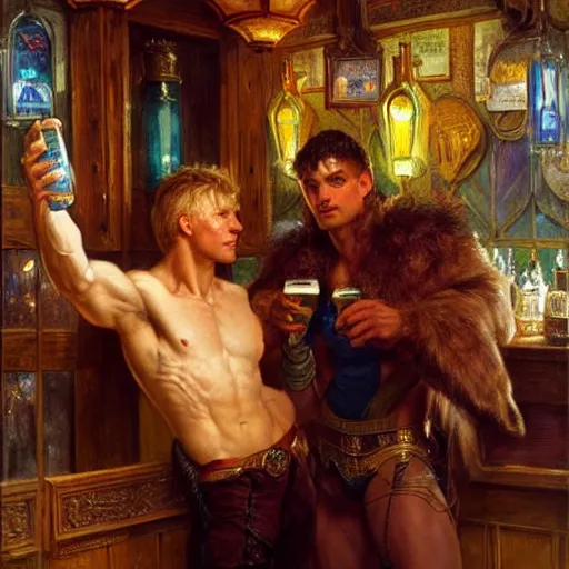 Image similar to attractive muscular arthur pendragon and muscular attractive merlin go to a pub together to have some drinks. highly detailed painting by gaston bussiere, craig mullins, j. c. leyendecker, alphonse mucha 8 k