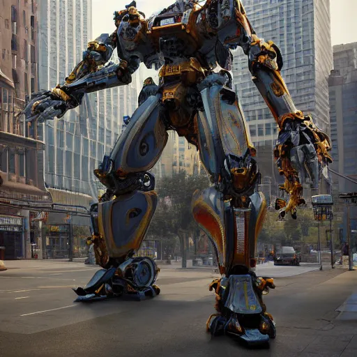 Prompt: a beautiful hyperrealistic ultradetailed 3D render of a gigantic javanese mecha standing in the city, by brian sum and stephen martiniere and Antonio Manzanedo. mech, dragon, unreal engine, octane render, PBR, 3D, brilliantly colored, intricate, wide angle, volumetric lighting, polished, path tracing