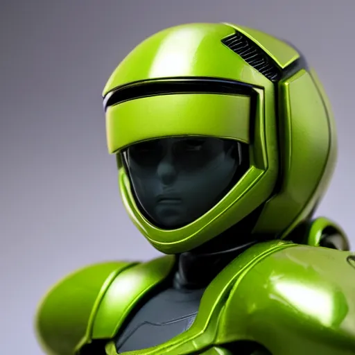 Prompt: helmet portrait of a figurine of samus aran's varia suit from the sci - fi nintendo videogame metroid. glossy. red round helmet, orange shoulder pads, green visor. shallow depth of field. suit of armor.