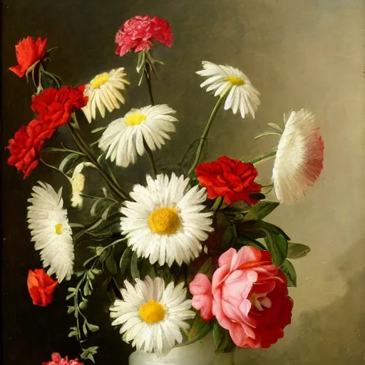 Image similar to a still life of a vase of flowers with a mix of roses daisies and lilies.