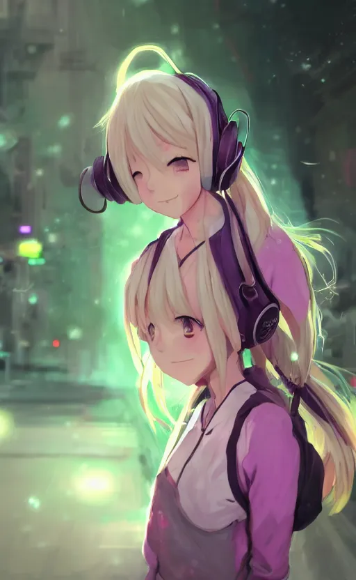 Image similar to anime girl with pink ponytail, wearing purple headphones, wearing a green sweater, with a smile on her face and her eyes closed, walking down a street, dynamic lighting, photorealistic fantasy concept art, trending on art station, very detailed, anime concept art, stunning visuals, creative, cinematic, ultra detailed