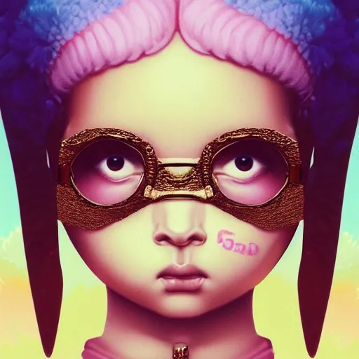 Image similar to Lofi vaporwave portrait baby cherub angel, ski mask, balaclava, face covered, Gucci, Nike, Chanel, multiple gold chains, Pixar style, Tristan Eaton, Stanley Artgerm, Tom Bagshaw