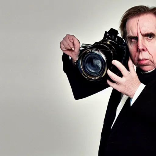 Prompt: Timothy Spall as Simon Graham holding a camera from the 1800s.