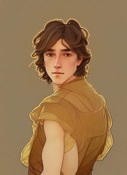 Image similar to pretty young man with shoulder length shiny shimmering golden blond hair, head down, demure, shy, path traced, highly detailed, high quality, digital painting, by studio ghibli and alphonse mucha, leesha hannigan, disney