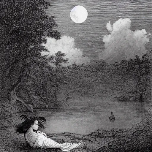 Image similar to a beautiful woman at a lake, forest, dark clouds, moon, nightsky, moonrays, shadows, high detail, illustration by Gustav Doré