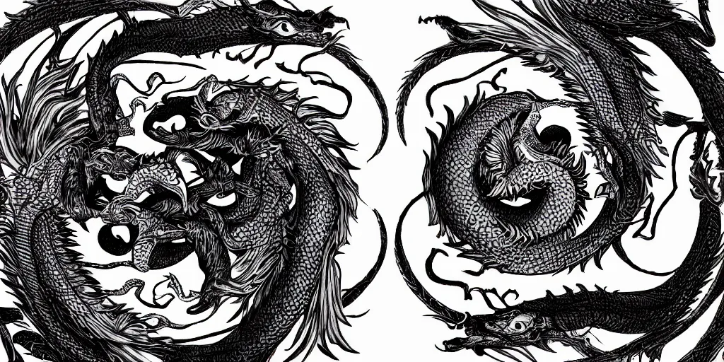 Prompt: realistic scene of dragons as ying yang, golden, delicate, hyper realism, 1 4 5 0, ink, ultra realistic, 8 k