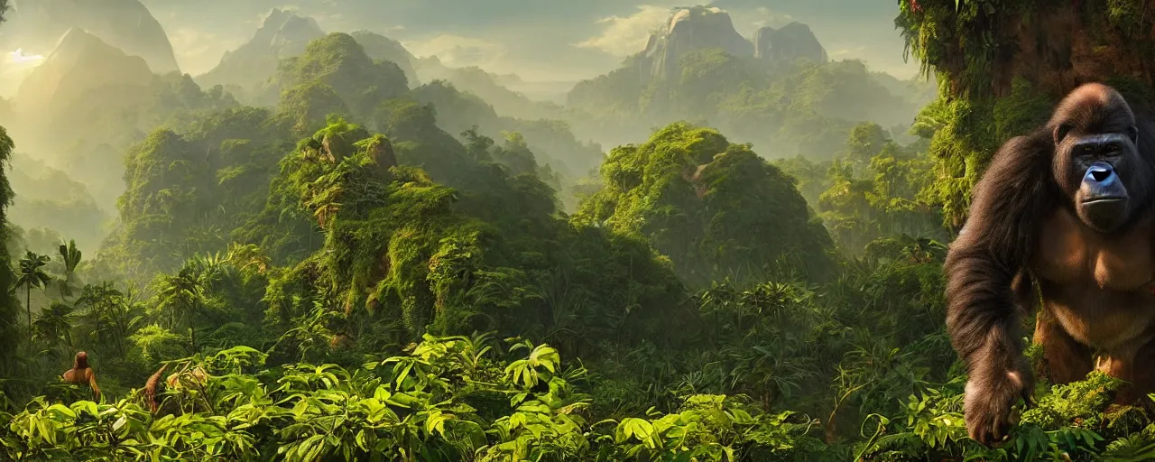 Prompt: gorilla in the jungle, beautiful dynamic lighting, cinematic, wide angle establishing shot, extremely high detail, photo realistic, cinematic lighting, post processed, concept art, artstation, matte painting, style by frederic church, raphael lacoste, unreal engine 8 k