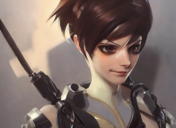 Image similar to a highly detailed beautiful portrait of tracer from overwatch as 2 b nier automata, by gregory manchess, james gurney, james jean