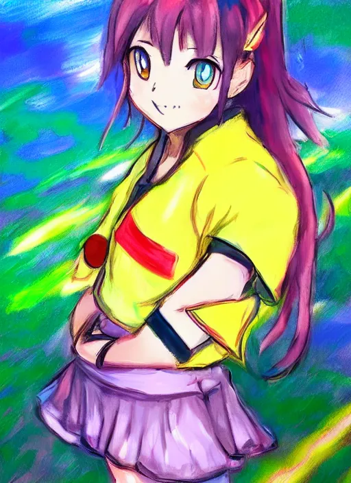 Image similar to a portrait of a female pokemon trainer, rainbow uniform, very anime in impressionist style, anime trending artwork, anime painter studio, by claude monet