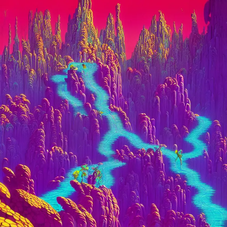 Prompt: infinite crystal ascent, bright neon colors, highly detailed, cinematic, eyvind earle, tim white, philippe druillet, roger dean, lisa frank, aubrey beardsley