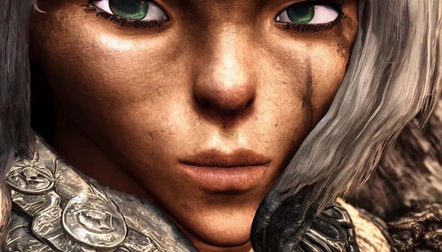 Image similar to closeup skyrim character screenshot of doja cat, solo portrait, enb, ambient occlusion, subsurface scattering, 4 k, bokeh, beautiful, detailed