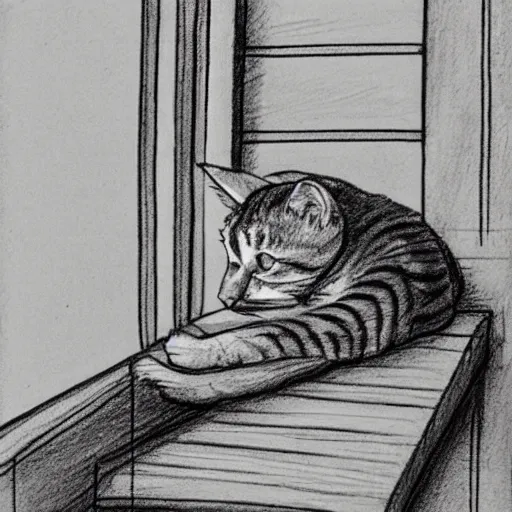 Image similar to a tabby cat named clarence laying on a table looking out the window, it is a sunny day, in the style of a hand drawn pencil sketch