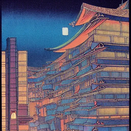 Image similar to a picture of a building that is lit up at night, an art deco painting by yoshida hanbei, spirited away, hayao miyazaki, pinterest, 1 9 9 0 s, 1 9 7 0 s