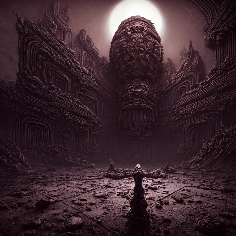 Prompt: ribbed surreal alien temple on exoplanet, standing in a desolate empty wasteland, creepy, nightmare, dream-like heavy atmosphere, surreal abandoned buildings, beautiful detailed intricate insanely detailed octane render, unreal engine, trending on Artstation, 8K artistic photography, photorealistic, chiaroscuro, volumetric light, Raphael, Caravaggio, Beksinski, Giger