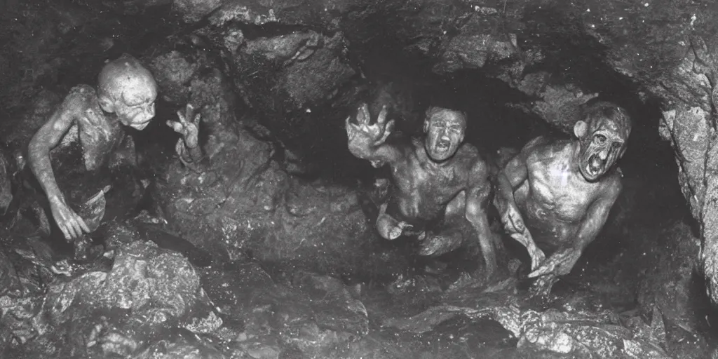 Image similar to explorers discover horrifying monster in cave, 1 9 0 0 s photograph