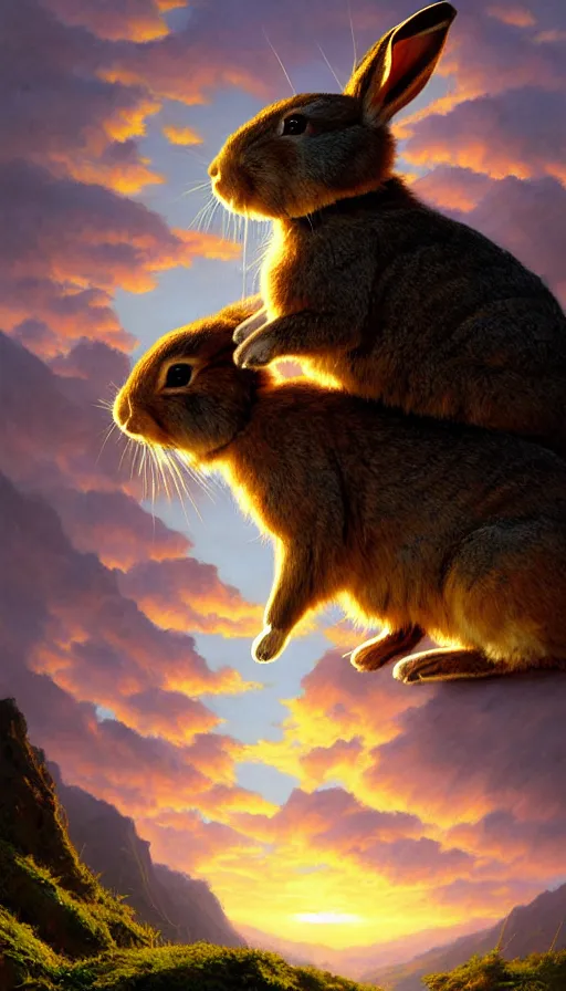 Prompt: hyper realistic rabbit looking off of a cliff, sun setting behind rabbit silhouette, lush forest in valley below, painted by craig mullins, j. c. leyendecker 8 k