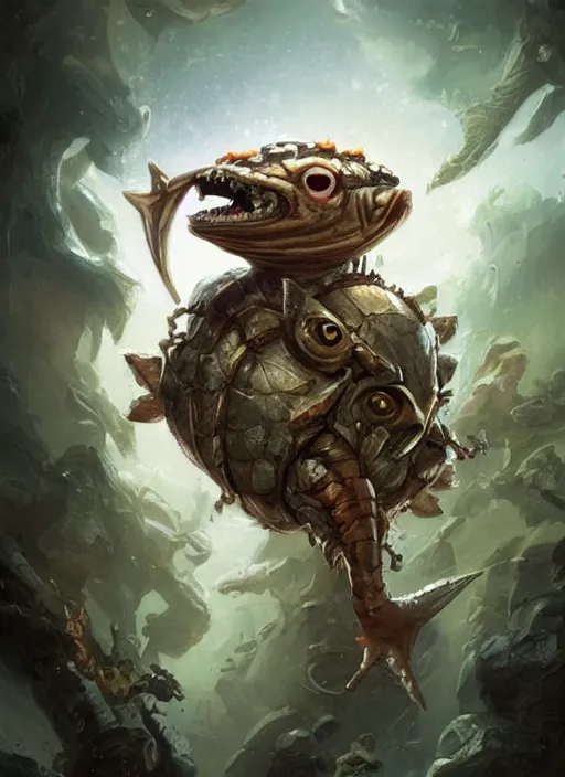 Prompt: cute little anthropomorphic piranha eater wearing canyon crown, tiny, small, miniature animal, baby animal, short, pale black armor, cute and adorable, pretty, beautiful, DnD character art portrait, matte fantasy painting, DeviantArt Artstation, by Jason Felix by Steve Argyle by Tyler Jacobson by Peter Mohrbacher, cinematic lighting
