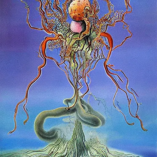 Image similar to deep sea plant life creature, surreal painting, dali style,