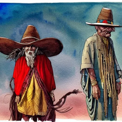 Prompt: old shaman and american man near him, old mexican magician closes eyes, gray haired, a 3 / 4 view watercolor ink painting, in the style of jean giraud in the style of moebius trending on artstation deviantart pinterest detailed realistic hd 8 k high resolution