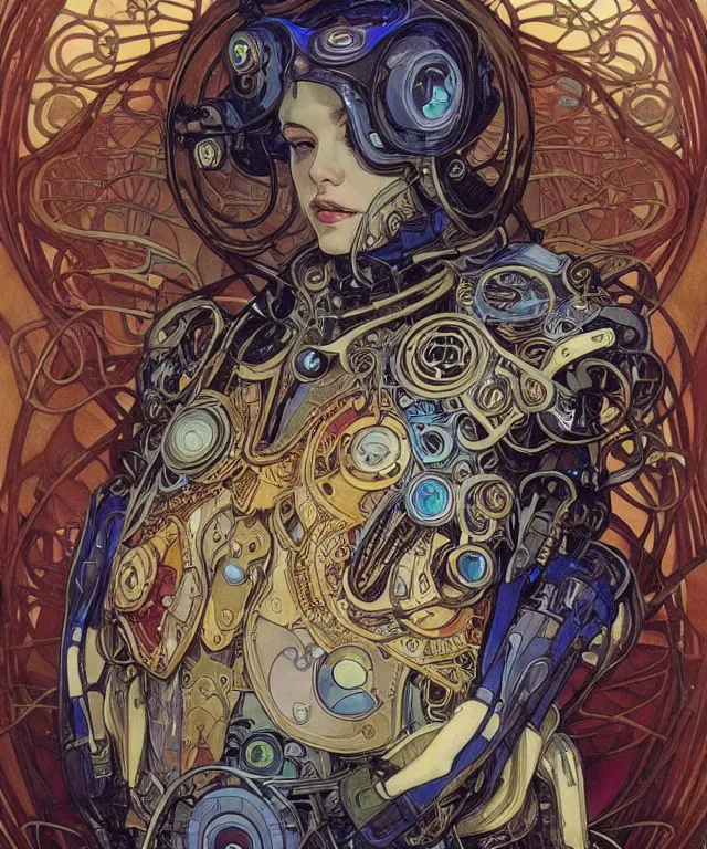 Image similar to realistic detailed portrait of a korgi! mecha cyberpunk! mage! by alphonse mucha and charlie bowater and art germ, rule of thirds, golden ratio, art nouveau! cyberpunk! style, mechanical accents!, mecha plate armor, glowing leds, flowing wires with leaves, art nouveau accents, art nouveau patterns and geometry, rich deep moody colors