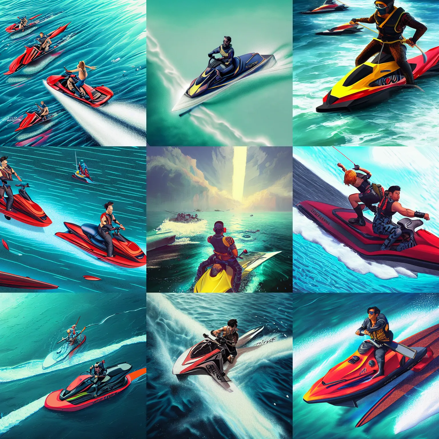 Prompt: portrait isometric drawing, printerest, on jetski with a katana, intricate, epic lighting, cinematic composition, hyper realistic, 8 k resolution, unreal engine 5, by artgerm, tooth wu, dan mumford, beeple, wlop, rossdraws, james jean, andrei riabovitchev, marc simonetti, artstation