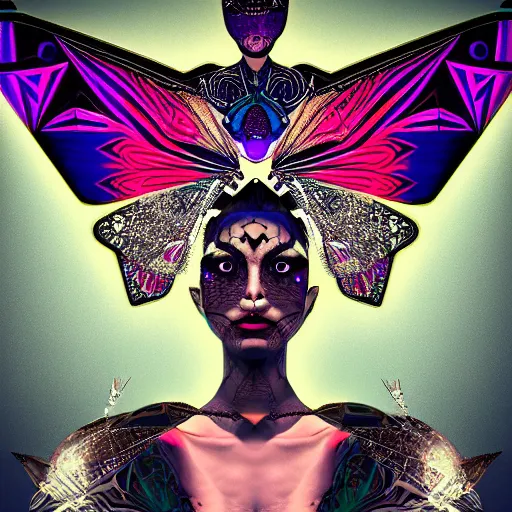 Image similar to closeup portrait of a beautiful art deco faerie queen, glowing eyes, moth wings with geometric patterns, reflective detailed textures, highly detailed dark fantasy science fiction painting, elaborate geometric ornament, ancient runes, silver and cool colors, extremely detailed, photorealistic, artstation