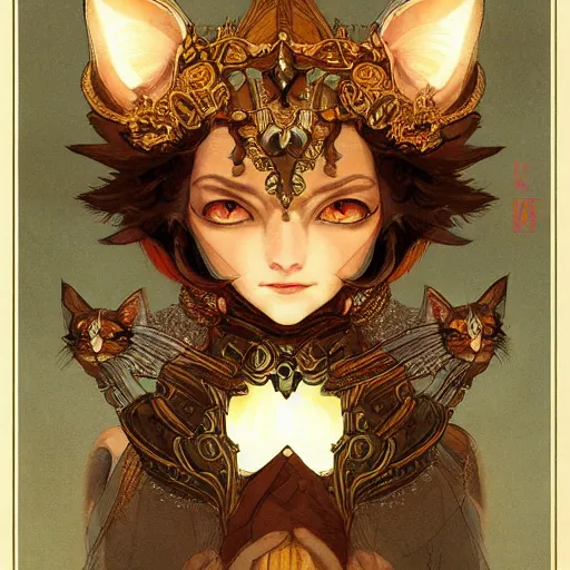 Image similar to A heraldic queen kitty cat with big cute eyes, D&D, fantasy, intricate, cinematic lighting, highly detailed, digital painting, artstation, concept art, smooth, sharp focus, illustration, art by Akihiko Yoshida, Greg Rutkowski and Alphonse Mucha