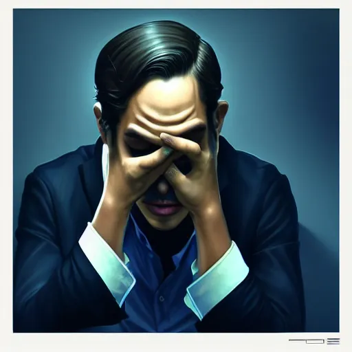 Prompt: an insanely detailed portrait of a man covering his face with his hands, stylish black hair, depressing corporate office background, blue shade in the style of peter mohrbacher, artgerm, dramatic lighting and composition, octane render, trending on artstation, concept art