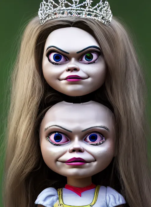 Image similar to closeup face profile portrait of a tin toy greta thunberg as the bride of chucky as a fairytale princess wearing a crown, bikini, depth of field, zeiss lens, detailed, fashion photoshoot, by nicoletta ceccoli, mark ryden, lostfish, breathtaking, 8 k resolution, extremely detailed, beautiful, establishing shot, artistic, hyperrealistic, octane render