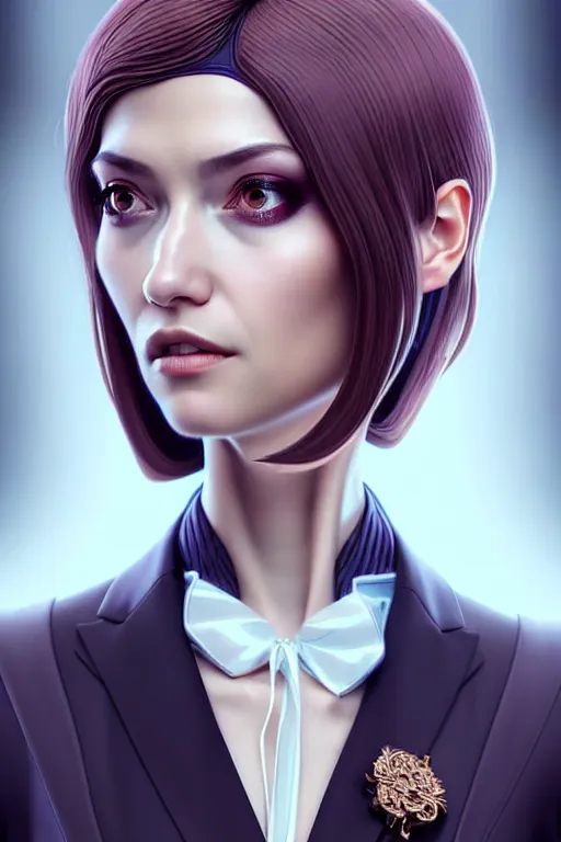 Image similar to hyperdetailed very close portrait of a european thirty years old woman in an elegant suit with a pin in a city inspired by ross tran and wlop and masamune shirow and kuvshinov, concept art, intricate, photorealistic, octane render, rtx, hdr, unreal engine, dnd digital art by artgerm fine face