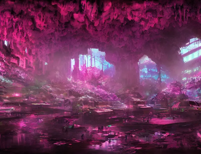 Image similar to cyberpunk nightclub in a cherry blossom dripstone cave. oil painting by award - winning concept artist. backlighting, chiaroscuro, field of depth.