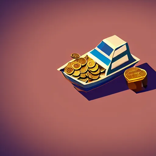 Image similar to boat in the dessert filled with coin and jewl collectables, game concept, low poly, horizontal view