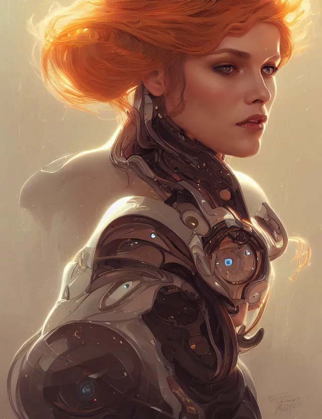 Image similar to futuristic woman portrait, sci-fi, amber eyes, face, long hair, fantasy, intricate, elegant, highly detailed, digital painting, artstation, concept art, smooth, sharp focus, illustration, art by artgerm and greg rutkowski and alphonse mucha