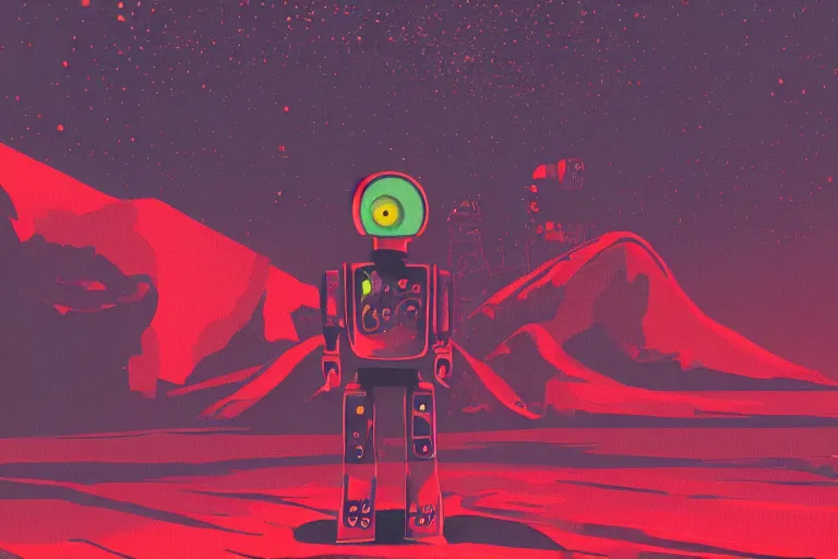 Image similar to a robot standing on mars in the style of flooko, acrylic art, detailed, moonlight, red lighting, bokeh, synthwave, psychedelic, glitch, neon,